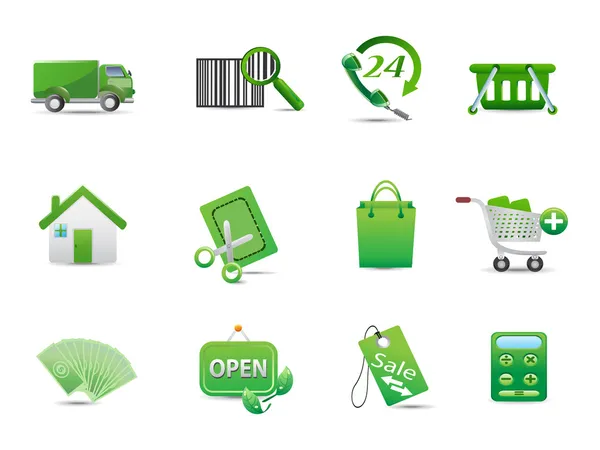 Gröna ekologi shopping, affärer Ikonuppsättning — Stock vektor