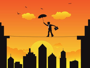 Businessman walking a high wire tightrope clipart