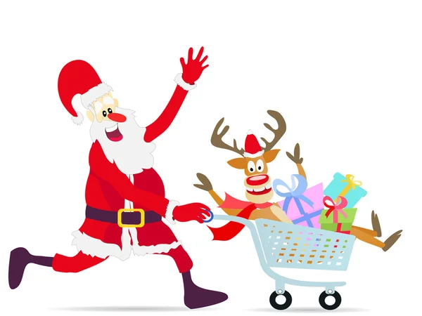 Santa Claus pushing shopping cart with deer and gifts — Stock Vector