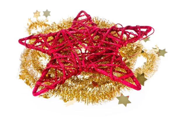 Red christmas star with golden tinsel — Stock Photo, Image