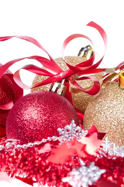 Christmas balls with ribbon and tinsel — Stock Photo, Image