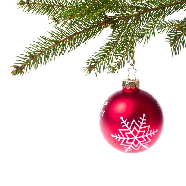 云杉圣诞树上挂着的红球 — 图库照片