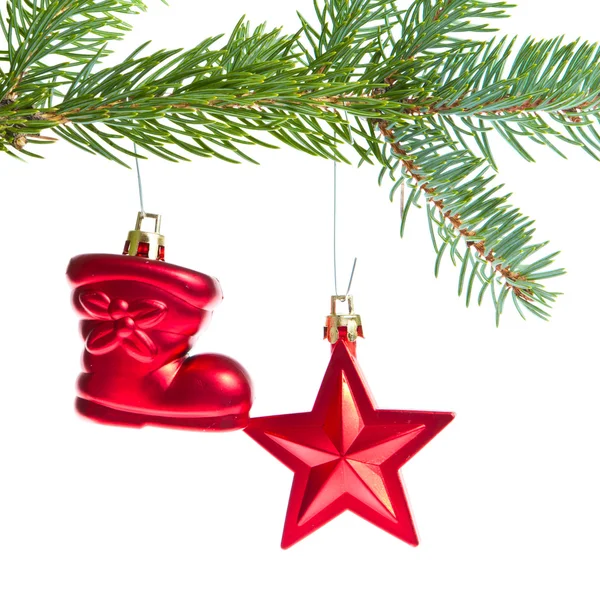 Röd Juldekoration på trädet — Stockfoto
