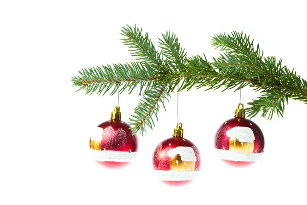 Red christmas ball on branch — Stock Photo, Image