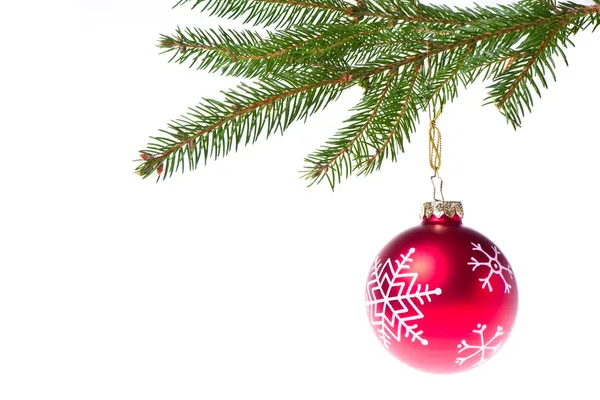 トウヒのクリスマス ツリーからぶら下がっている赤いボール — ストック写真