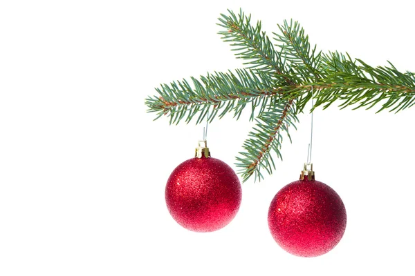 Rote Weihnachtskugel hängt am Baum — Stockfoto