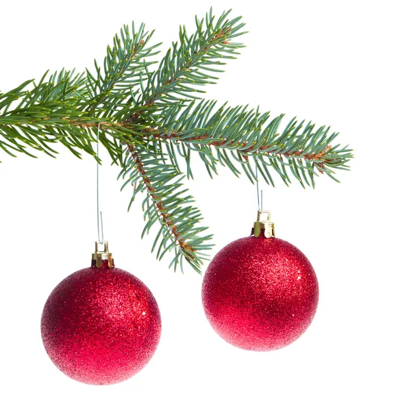Червоний різдвяний м'яч висить з дерева — стокове фото