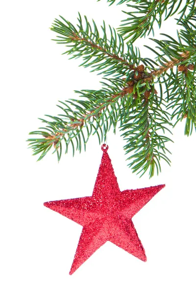 Estrella roja de Navidad colgando del árbol —  Fotos de Stock