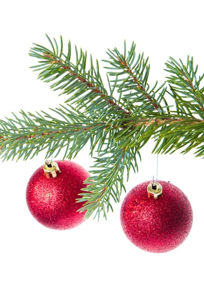 Rote Weihnachtskugel hängt am Baum Stockfoto
