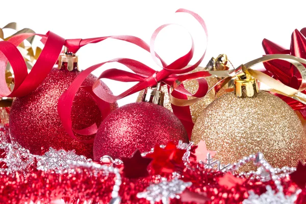 Christmas balls with ribbon and tinsel Royalty Free Stock Images