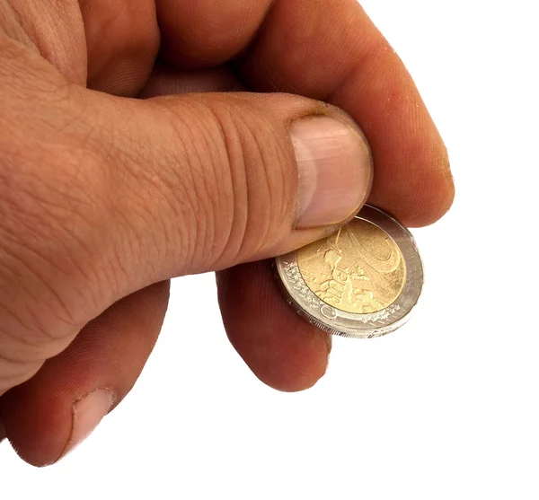 Рука с двумя монетами евро, изолированными на белом — стоковое фото