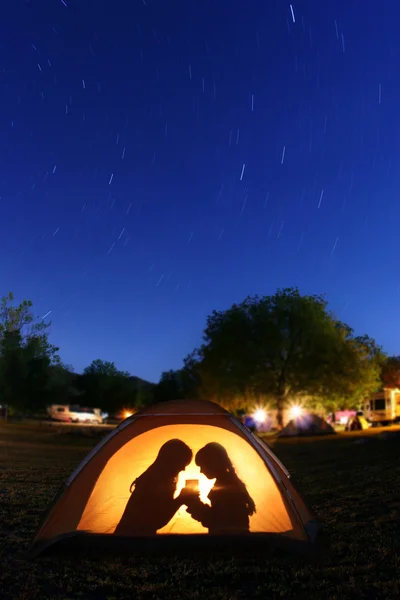 Children Camping at Night in a Tent — Stock Photo, Image
