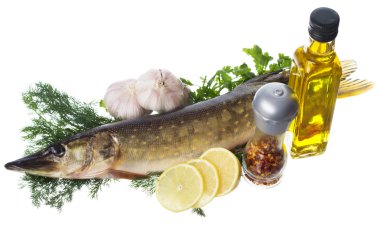 Raw pike with cooking ingredients clipart