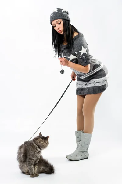 猫と若い女性 — ストック写真
