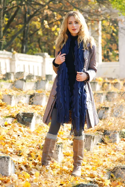Jovem bela senhora em um parque de outono — Fotografia de Stock