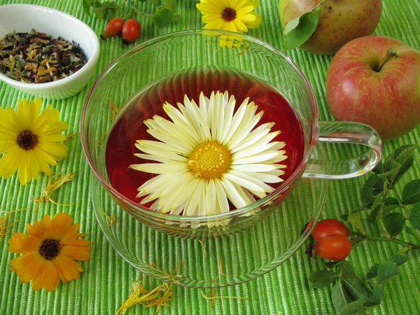 Fruit tea with flowers from marigolds, rose hips and apples — Stock Photo, Image