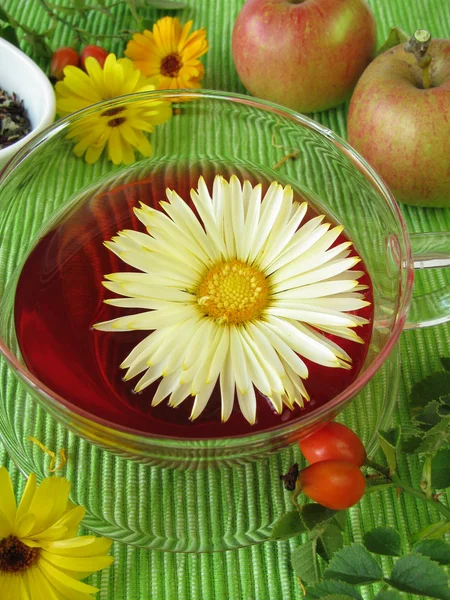 从金盏花、 玫瑰果和苹果花与水果茶 — 图库照片
