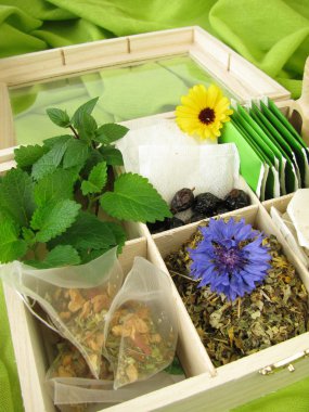 Tea variety with loose tea, tea bags and fresh tea herbs clipart
