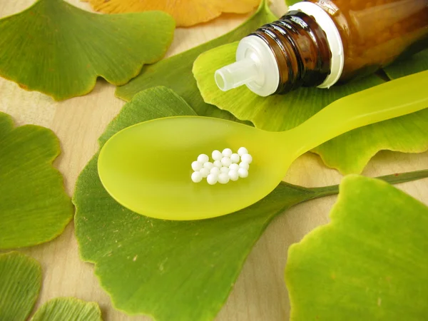 Ginkgo i pigułki homeopatyczne — Zdjęcie stockowe