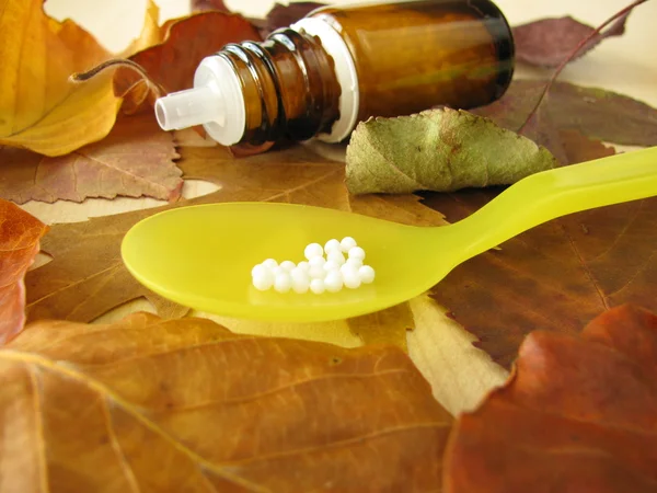 Hojas de otoño y píldoras homeopáticas — Foto de Stock