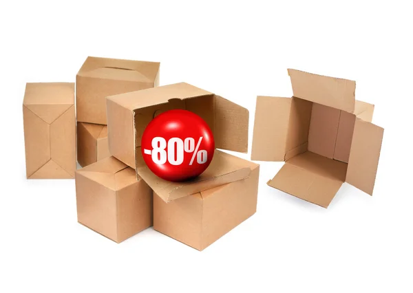 Conceito de venda - caixas de papelão e bola de venda 3D — Fotografia de Stock