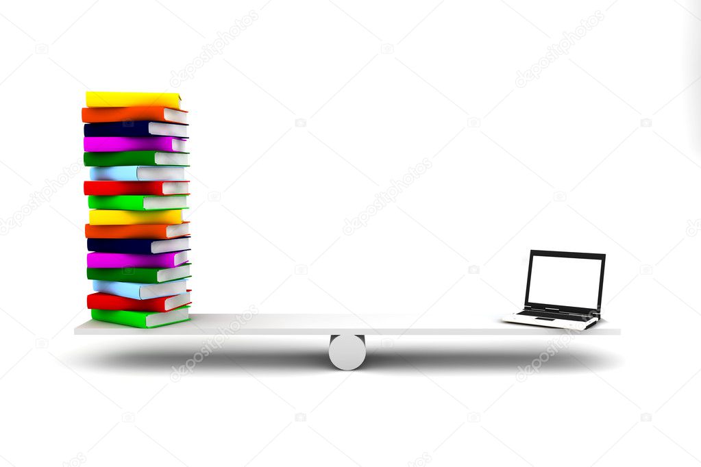 Computer and books over a balance