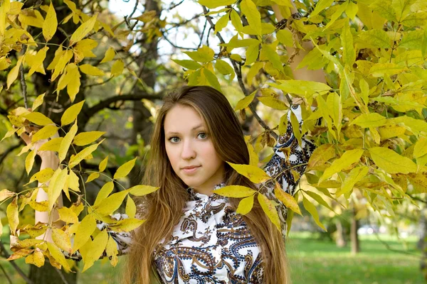 Gülümseyen kız sonbahar parkta yürüyüş — Stok fotoğraf