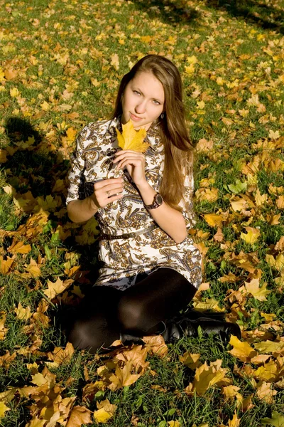 Menina sorridente andando no parque de outono — Fotografia de Stock