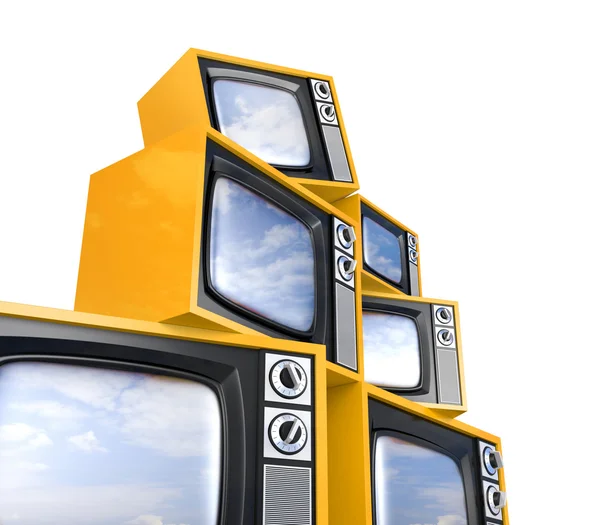 反射の空とレトロなテレビのヒープ — ストック写真