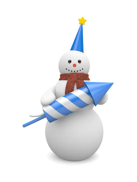 Snowman with rocket. Image contain clipping path — Stock Photo, Image