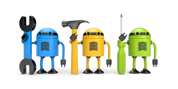 Trabajadores de robots. Metáfora de la nueva tecnología — Foto de Stock