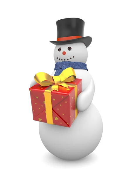 Snögubbe med gåva. bilden innehåller urklippsbanan — Stockfoto