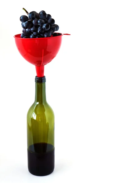 Grapes in a funnel on wine bottles — Stock Photo, Image