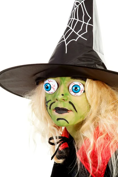 Portrét malá zelená halloween čarodějnice — Stock fotografie