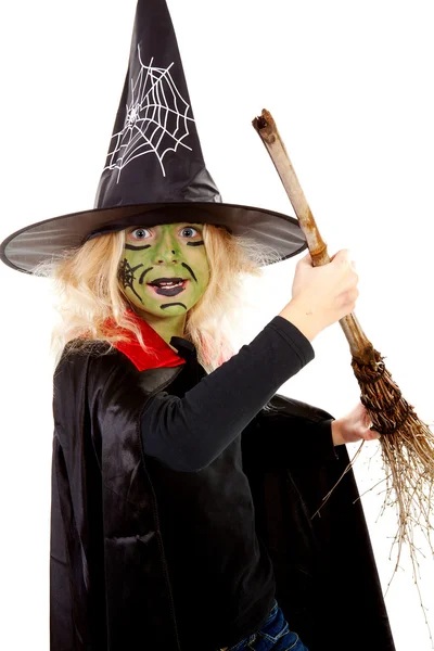 Bruxa de Halloween verde com vassoura — Fotografia de Stock