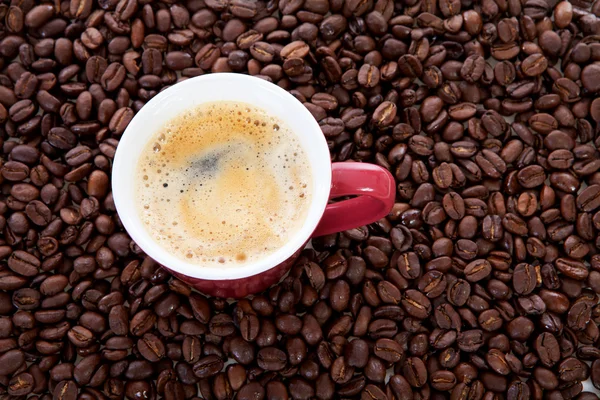 Taza de café en el fondo de granos — Foto de Stock