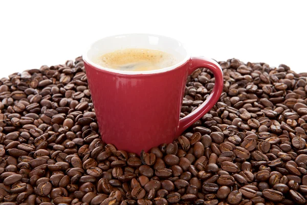 Чашка красного кофе на куче бобов — стоковое фото