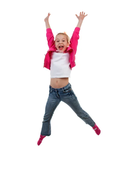 Blond dziewczynka skacze w powietrzu — Zdjęcie stockowe