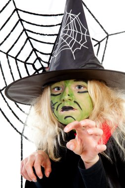 korkunç yeşil cadı Halloween ile spiderweb