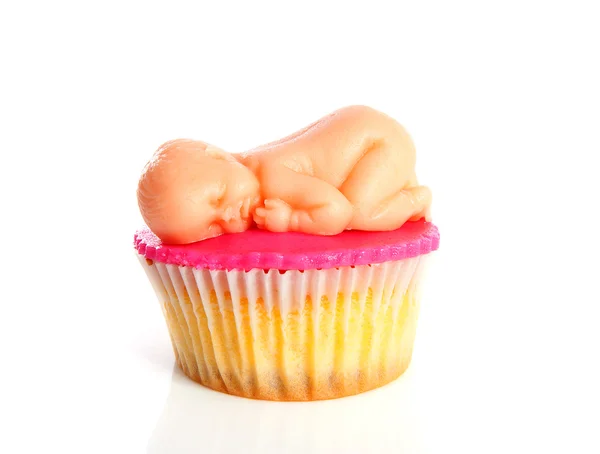 stock image Pink Birth cupcake with marzipan baby