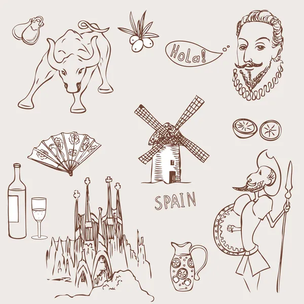 Miłość Hiszpania, gryzmoły symbole Hiszpanii. — Wektor stockowy