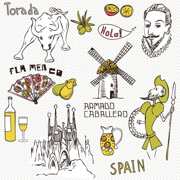 Αγάπη Ισπανία, doodles σύμβολα της Ισπανίας. — Διανυσματικό Αρχείο