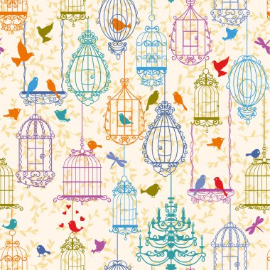 Birds and cages vintage pattern clipart