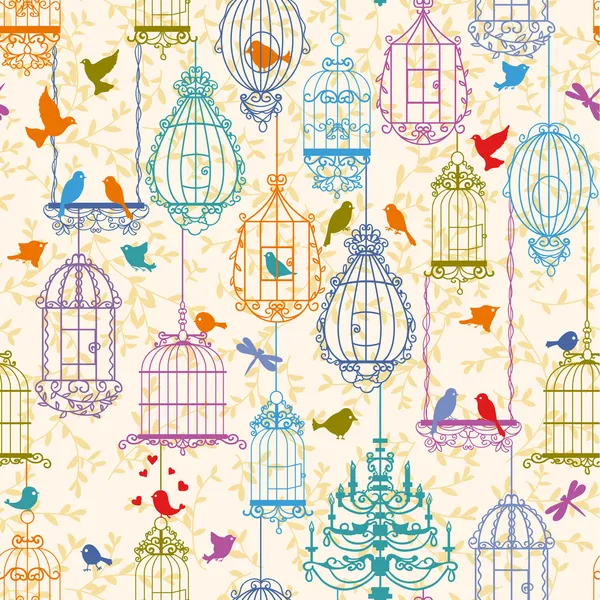 Oiseaux et cages motif vintage — Image vectorielle