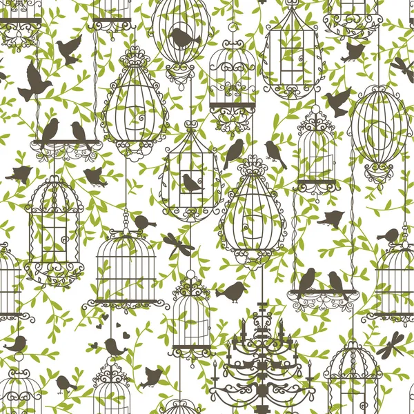 鸟和笼子里的复古图案 — 图库矢量图片