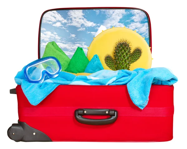 Ταξίδια κόκκινη βαλίτσα γεμάτη για διακοπές — Φωτογραφία Αρχείου