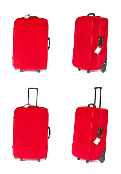 Red suitcase with blank identification tag over white. Set of fo — Stock Photo, Image