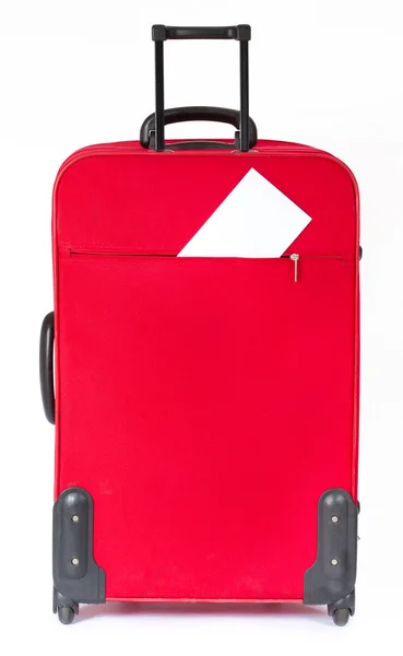 Suitcase with blank white ticket. Vertical side view. Over white — Stock Photo, Image