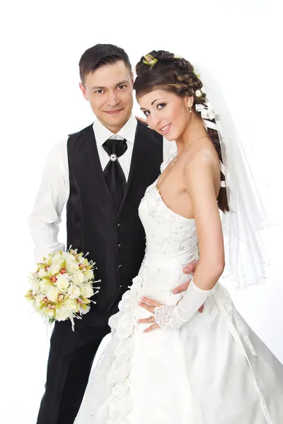 Beautiful bride and groom smiling. Wedding couple fashion shoot — Stock Photo, Image
