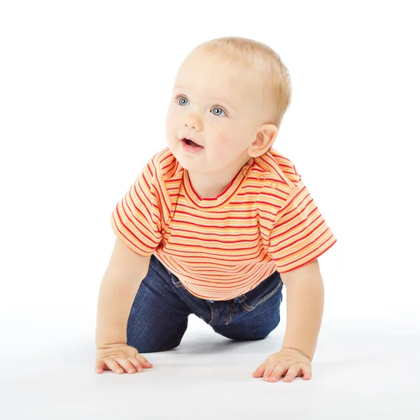 Aktív egyéves bébi carwling felső fehér háttér — Stock Fotó